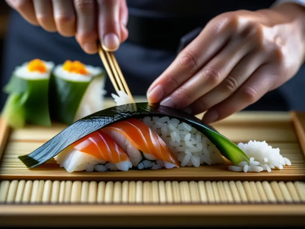 Transformación de la cocina japonesa: manos expertas crean nigiri con arroz sazonado y pescado fresco, fusionando tradición y modernidad