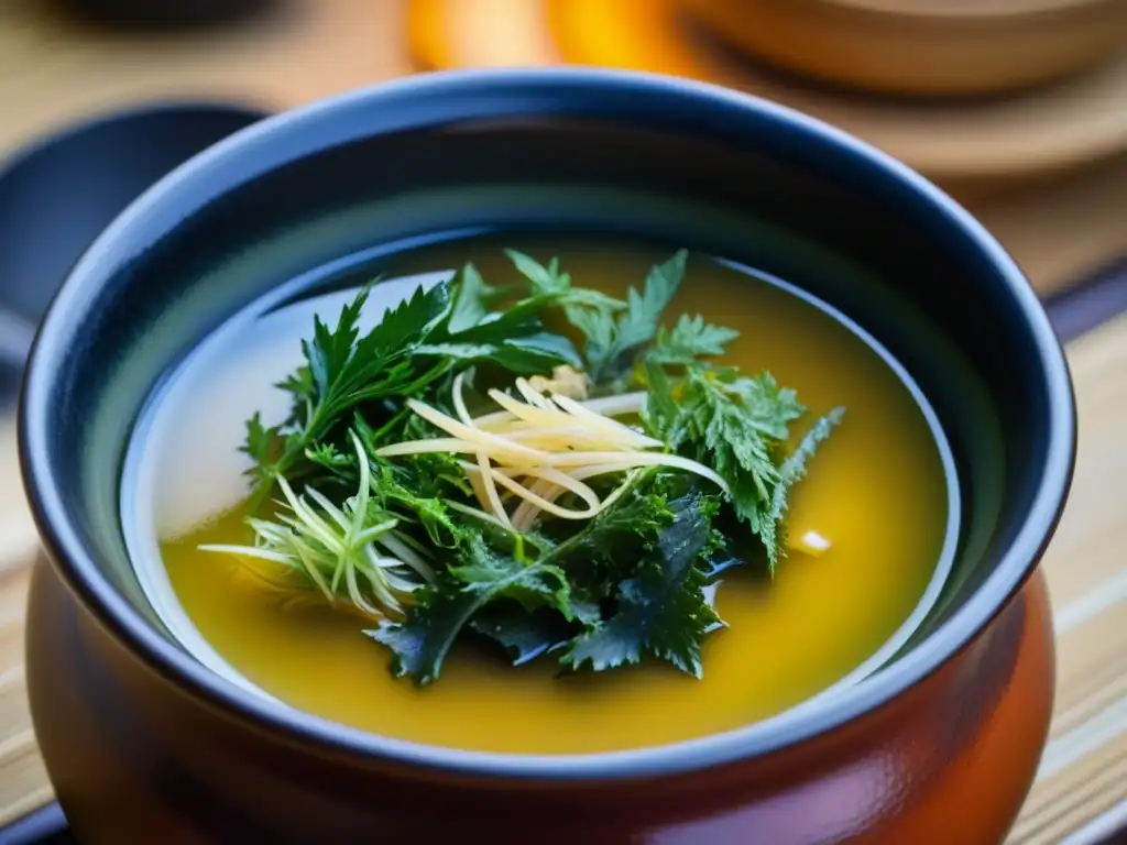 Preparación de Dashi en la cocina japonesa: una olla de barro tradicional hierve con kombu y bonito, creando un caldo aromático