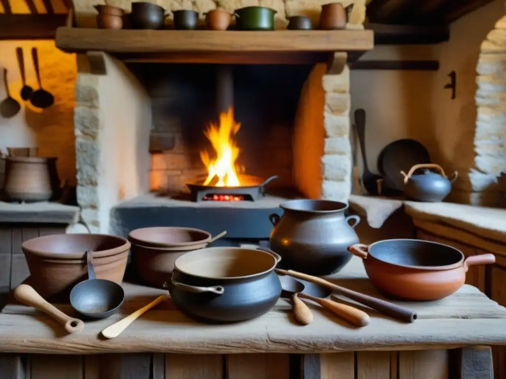 Una cocina lituana medieval detallada con utensilios tradicionales y una hoguera, capturando la esencia de las recetas históricas modernas