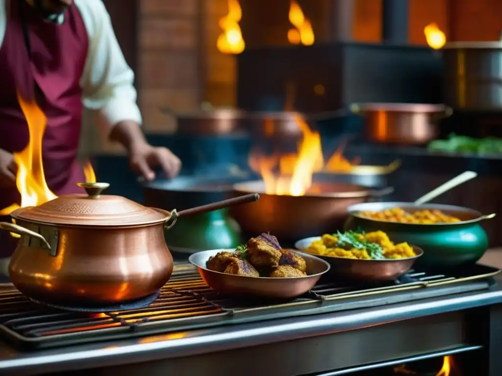Cocina Mughal: Sabores y aromas ancestrales en acción Una cocina Mughal llena de vida, con chefs expertos y especias aromáticas en contenedores ornamentados