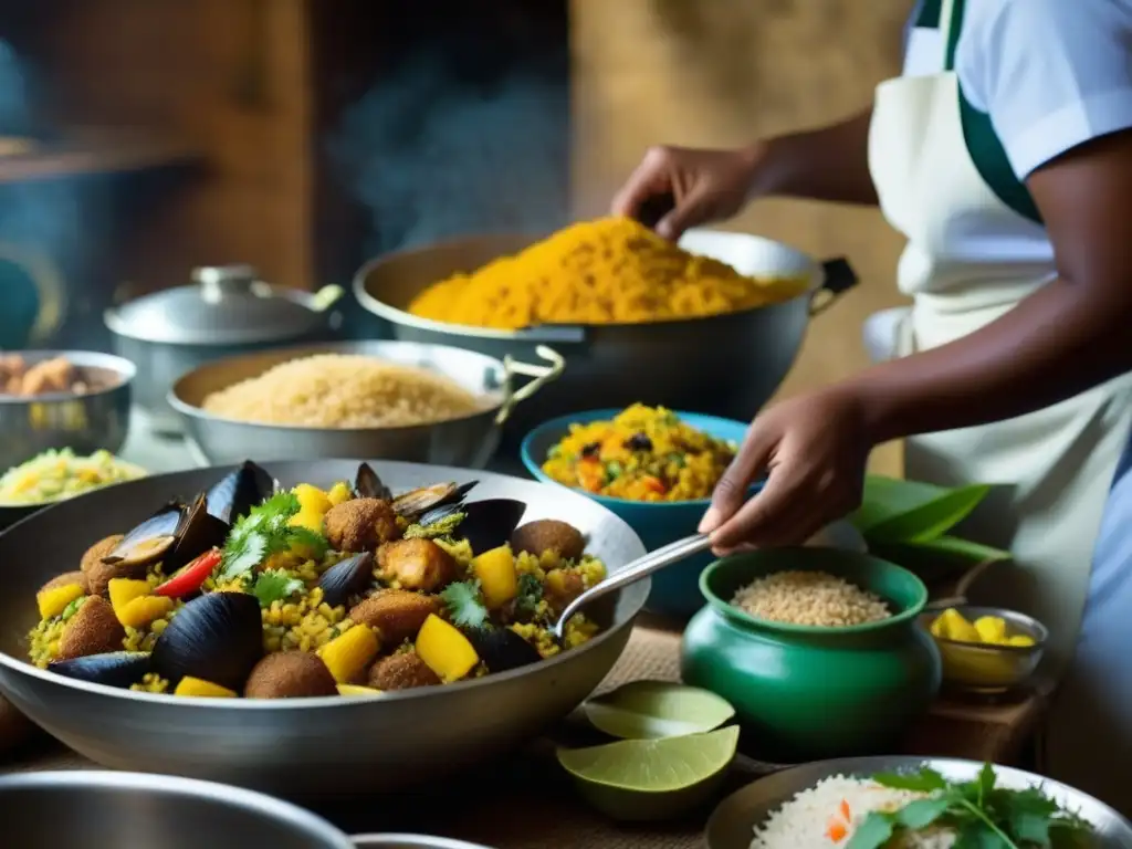 Cocina swahili llena de vida: especias, ingredientes coloridos y manos expertas preparando biryani