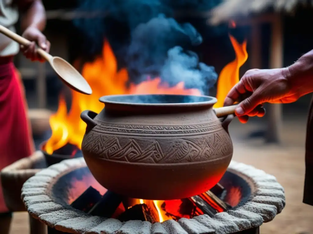 Cocina Maya: olla de barro sobre fuego, humeante, con mano de chef removiendo guiso aromático