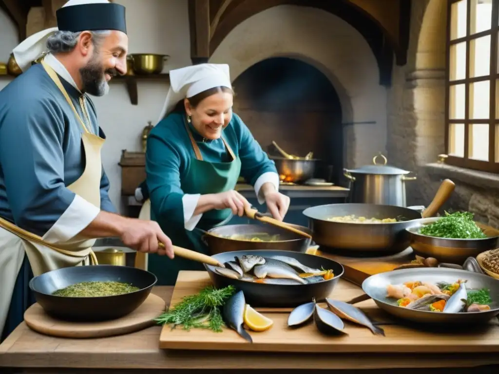 Cocina medieval bulliciosa con chefs preparando pescados y mariscos para un festín