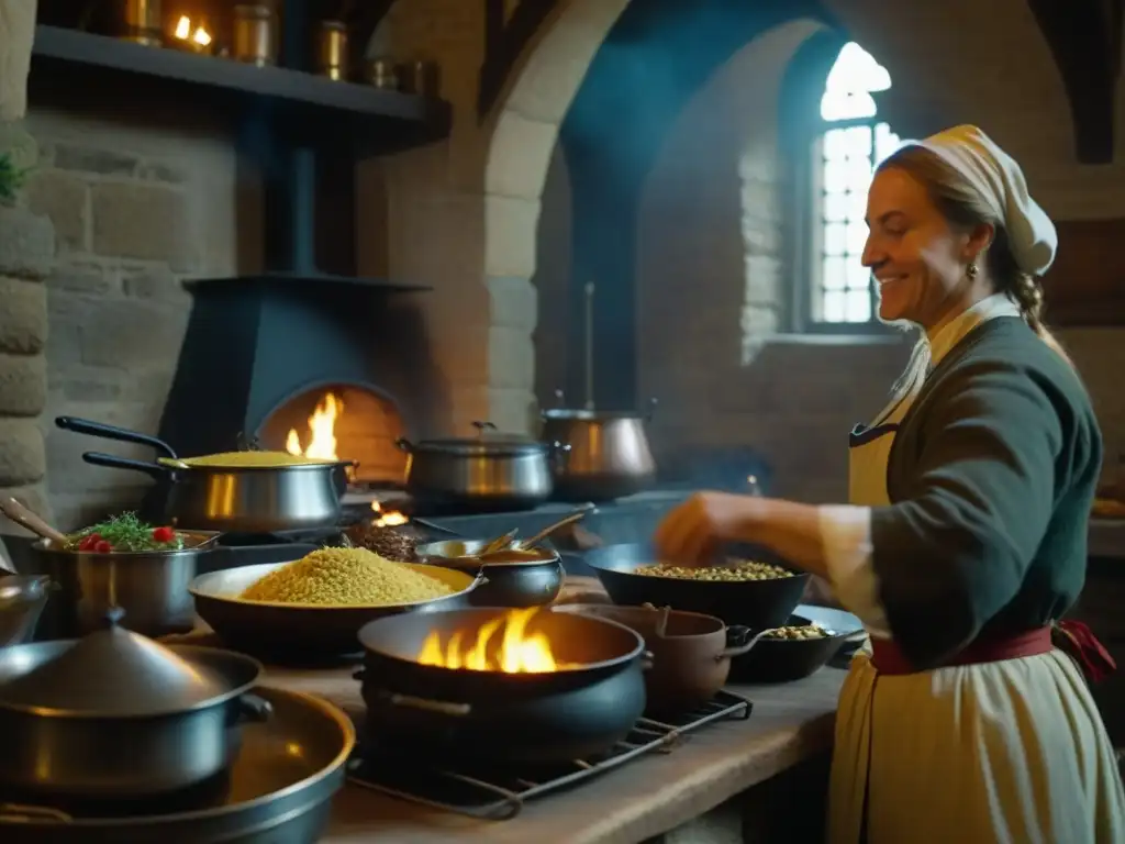 Una cocina medieval bulliciosa, con cocineros preparando un festín real