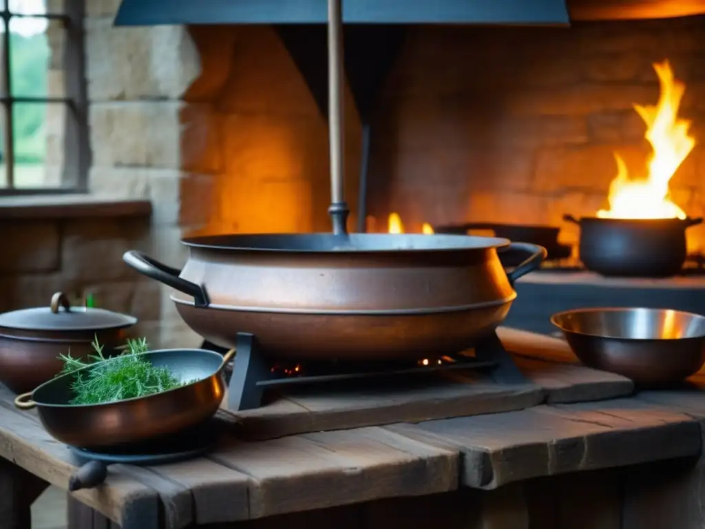 Una cocina medieval en un castillo con caldero burbujeante, utensilios de cobre y hierbas frescas