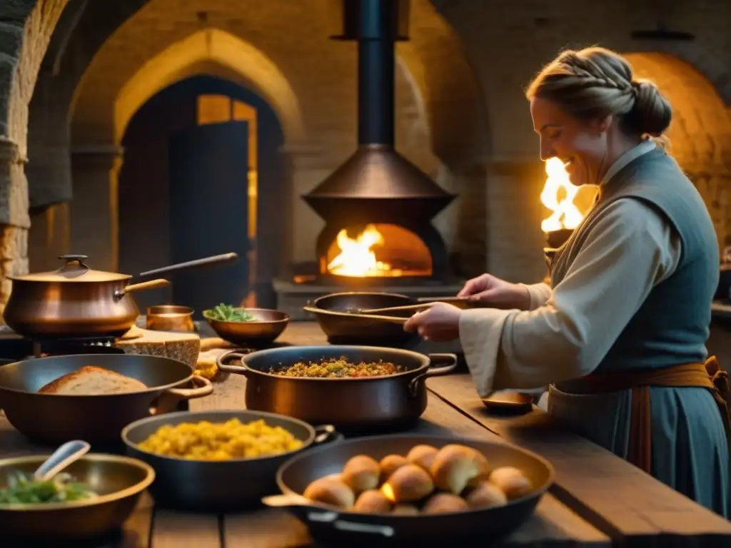 Cocina medieval en castillo: chefs preparan recetas históricas con ingredientes y utensilios de la época