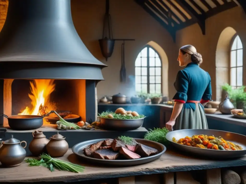 Una cocina medieval en un castillo, con chefs preparando recetas históricas entre llamas y ingredientes