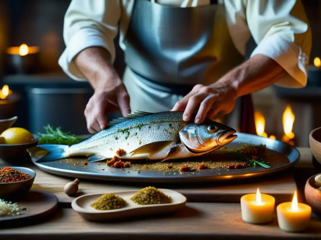 En una cocina medieval, un chef sazona un pescado con especias exóticas