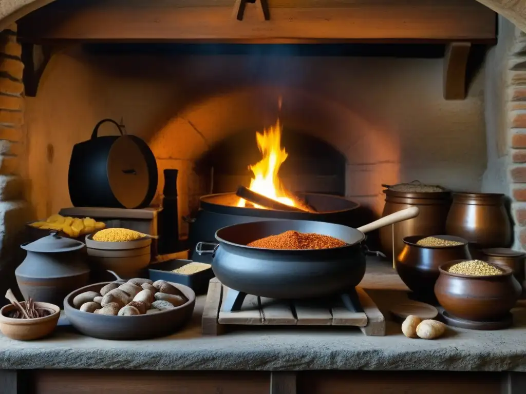 Cocina medieval de las Cruzadas recetas: escena detallada con métodos de conservación y preparación de alimentos