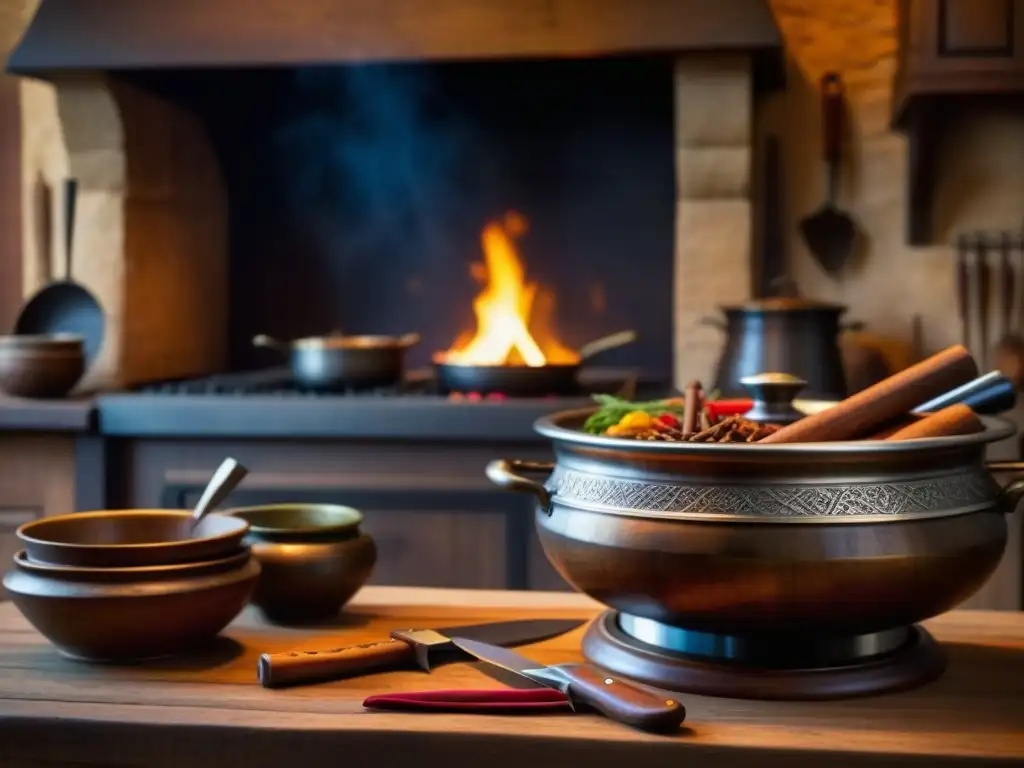 Una cocina medieval detallada con cuchillos de caza, especias, y caldero sobre fuego, reflejando la influencia de la gastronomía medieval europea