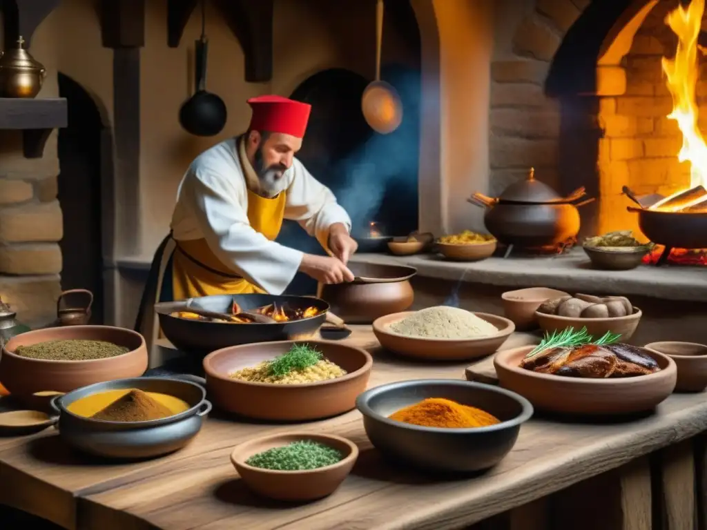 Una cocina medieval europea durante las cruzadas, chefs preparando platos en fuego abierto y ollas de barro