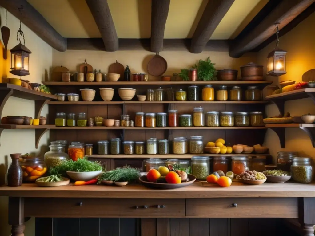 Una cocina medieval europea detallada, con conservación de alimentos en frascos, hierbas secas y carne curada