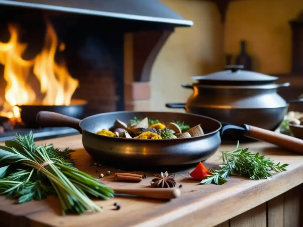 Cocina medieval renacentista europea: escena detallada de una cocina bulliciosa con fuego, hierbas y un cocinero preparando un plato tradicional