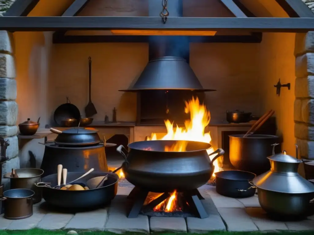 Antigua cocina medieval: tradición en llamas Cocina medieval con fuego abierto, utensilios de cocina antiguos, personas vestidas de época preparando recetas históricas