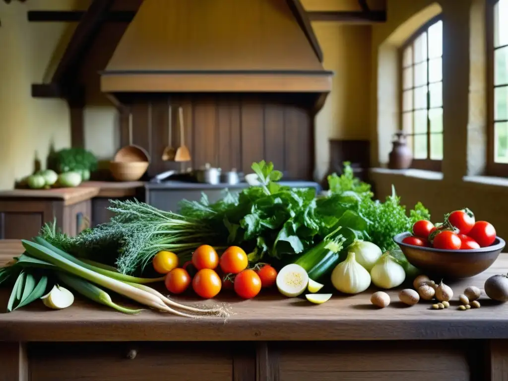 Una cocina medieval con ingredientes frescos y coloridos resalta la sostenibilidad de las dietas históricas