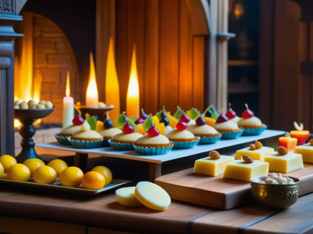 Una cocina medieval llena de coloridos postres en mesas de madera