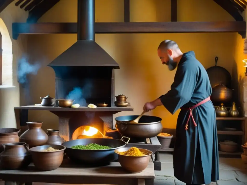 Cocina medieval en un monasterio con monjes preparando ingredientes, ollas burbujeantes y hierbas ordenadas en estantes de madera