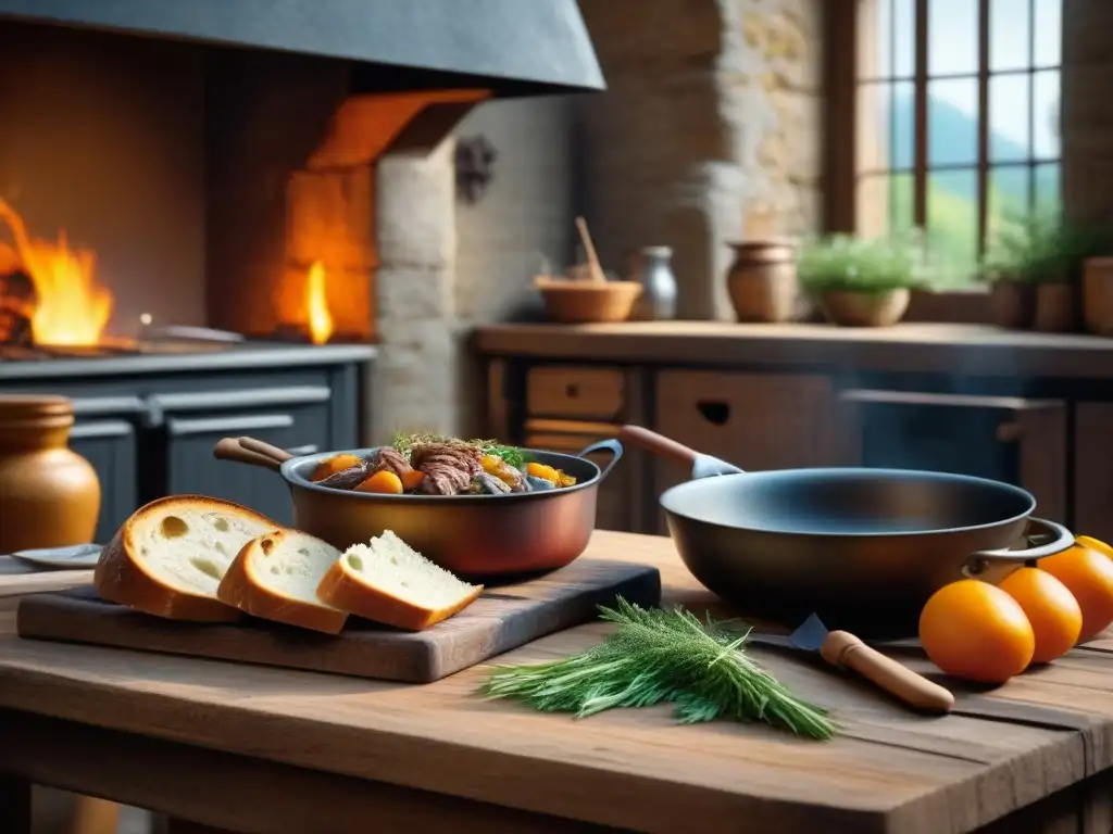 Una cocina medieval en tiempos de guerra en Europa: mesa de madera desgastada con alimentos, olla sobre fuego y utensilios simples
