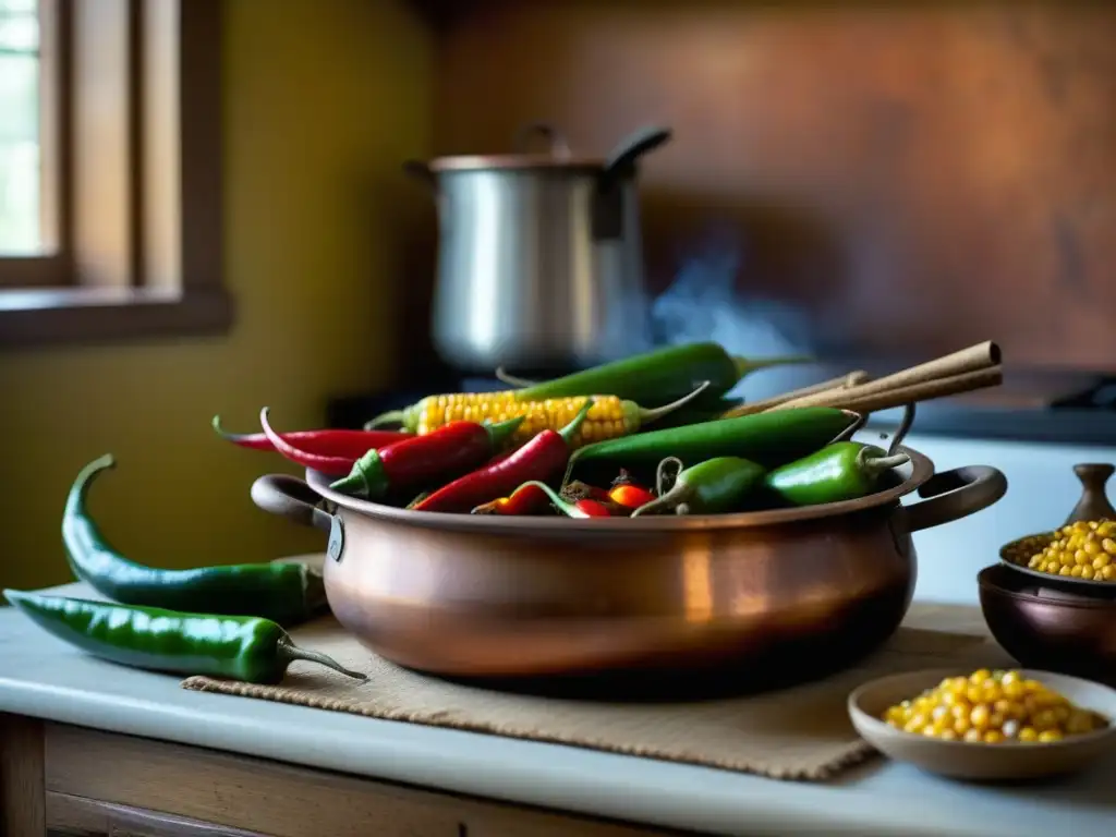 Una cocina mestiza colonial con ingredientes vibrantes y utensilios tradicionales