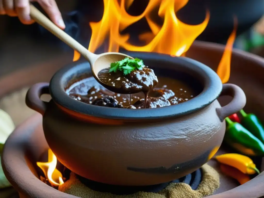 Cocina mexicana: mole poblano en olla de barro sobre fuego, con ingredientes tradicionales