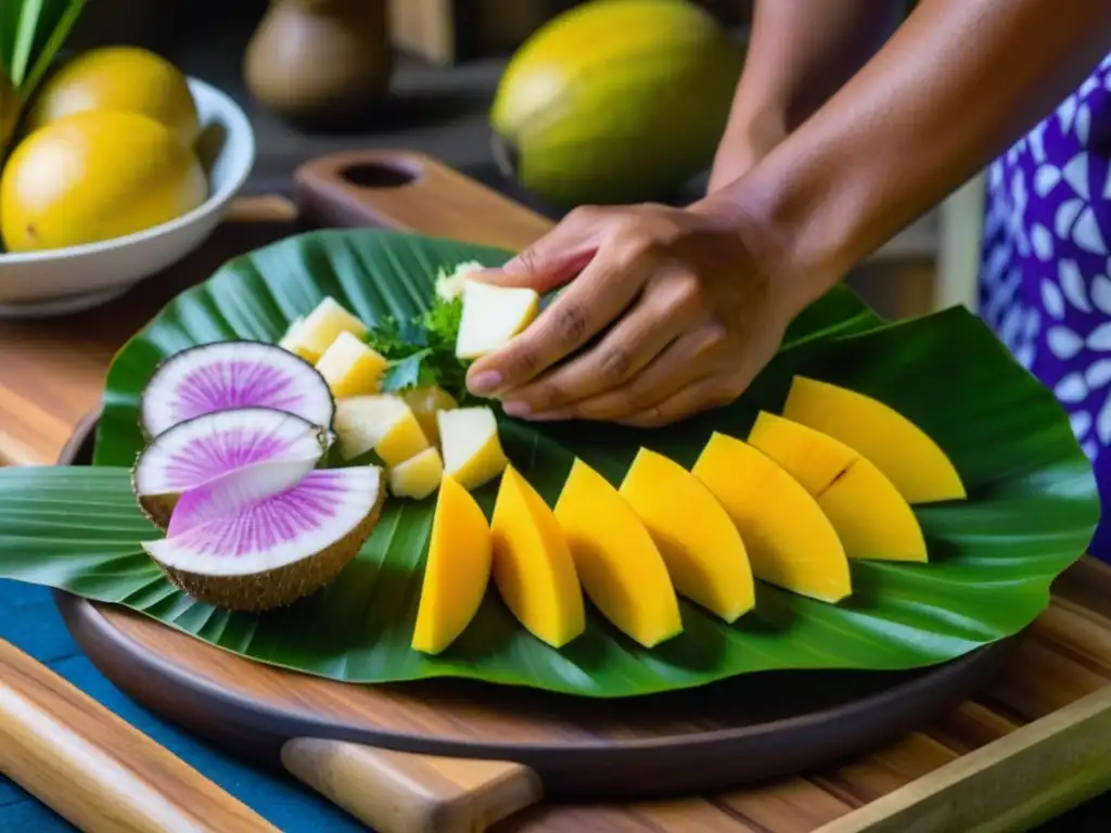 Preparación de cocina micronesia: ingredientes vibrantes y coloridos en una cocina rústica