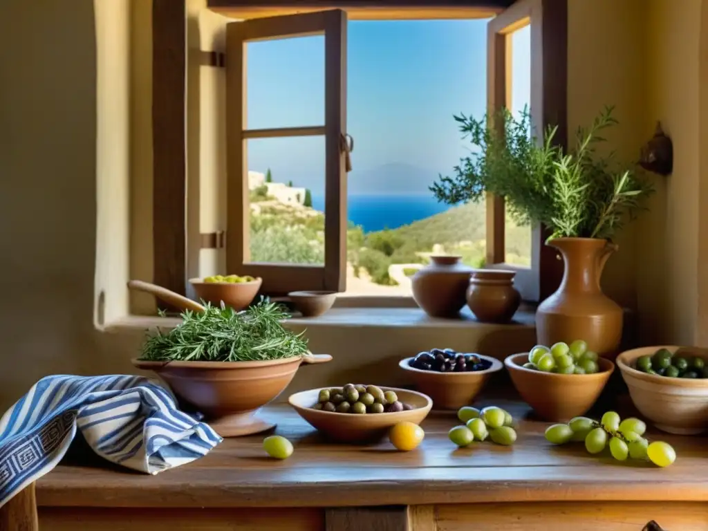 Una cocina mitológica antigua de Grecia: mesa rústica con olivas, uvas, higos y utensilios de bronce, iluminada por la cálida luz mediterránea