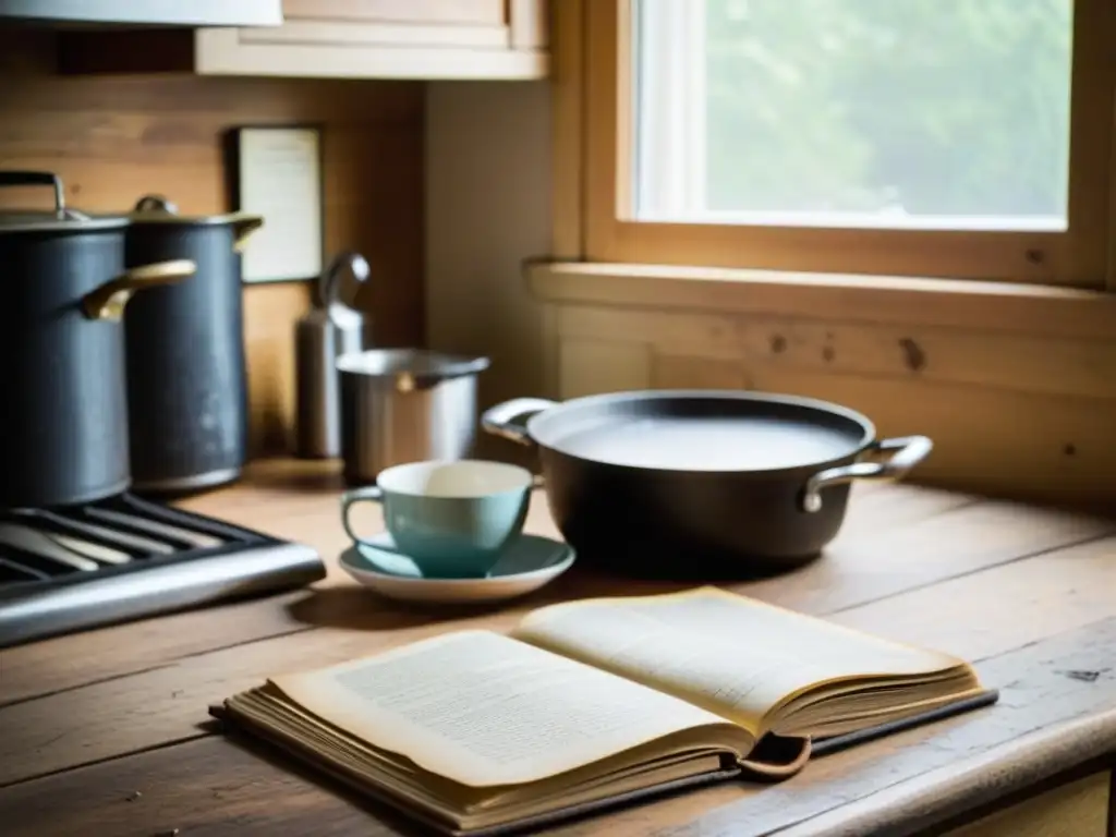 Un rincón de cocina nostálgico con revistas gastronómicas historia cocina en una mesa de madera desgastada y libros de recetas