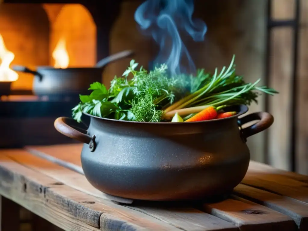 En la cocina monástica, una olla de hierro antigua rebosa de estofado, rodeada de hierbas frescas y vegetales, iluminada por una vela