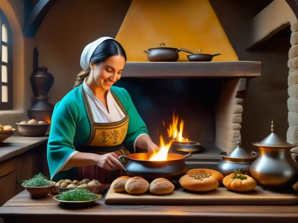 Una cocina judía medieval en Europa, con ollas burbujeantes, una mesa llena de hierbas y especias, y una mujer elaborando pasteles