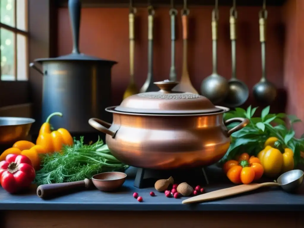 Cocina otomana en detalle: olla de cobre sobre fuego de carbón, hierbas frescas, pimientos y granadas