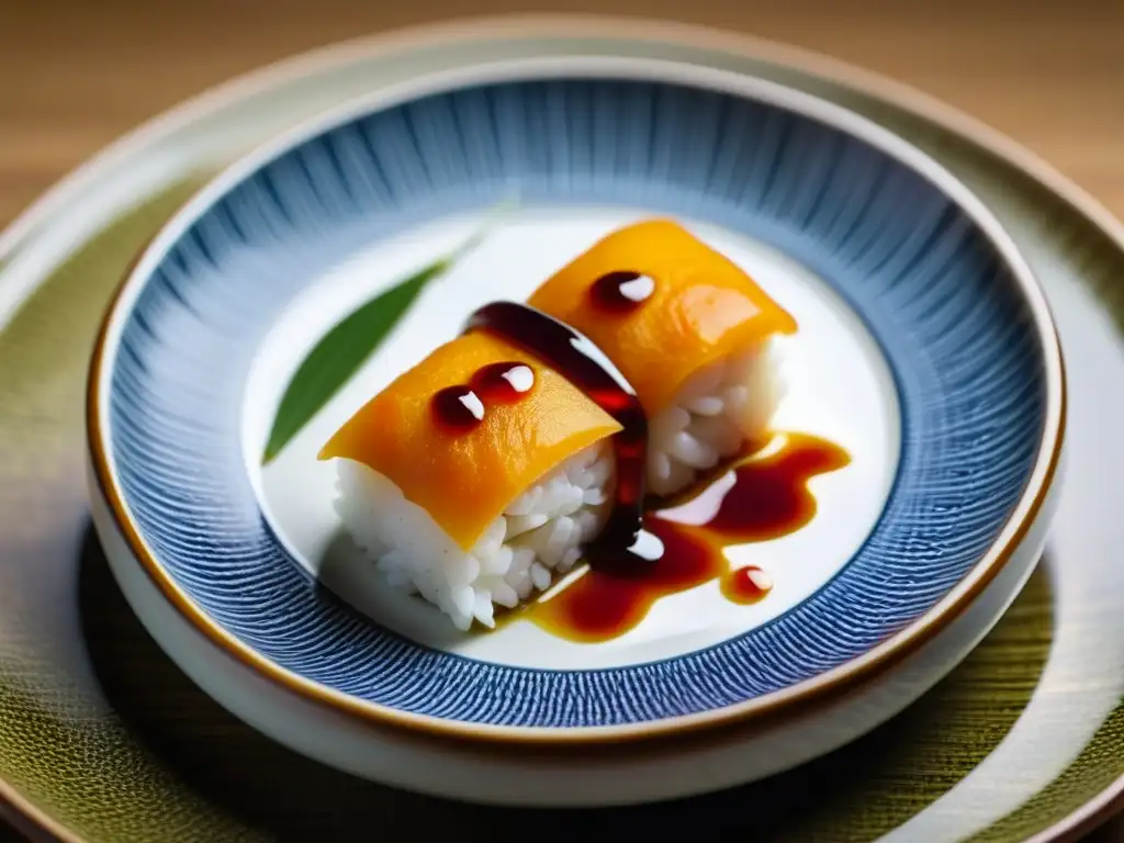 Expansión cocina portuguesa en Japón: Detalle sushi roll con bacalao, chorizo y salsa piri piri en plato cerámico japonés