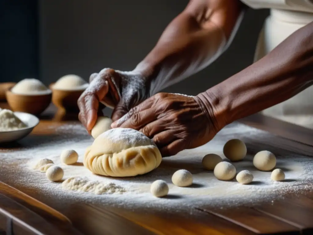 Cocina como resistencia en Apartheid: Manos expertas moldean masa en mesa de madera con harina esparcida, reflejando tradición y perseverancia