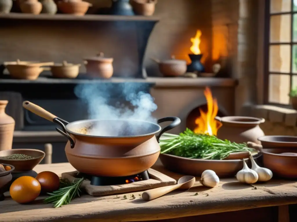 Una cocina romana antigua con utensilios y ingredientes en una mesa de madera rústica