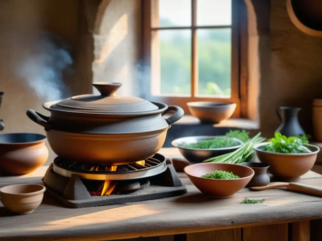 Una cocina romana antigua con utensilios de cocina en una mesa de madera, una olla de barro humeante en un fogón de carbón