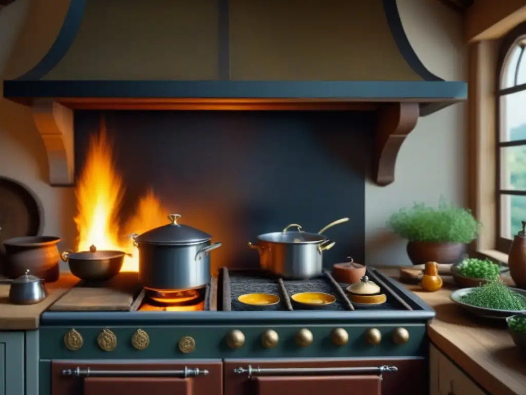 Una cocina romana en la Europa medieval, con detalles y elementos culinarios en un ambiente rústico y detallado