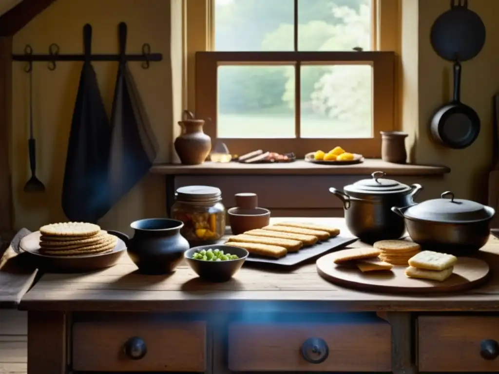 Cocina rústica del siglo XIX: detallada y auténtica Una cocina rústica de pioneros del siglo XIX con alimentos tradicionales como carnes secas, galletas y vegetales encurtidos, iluminada por luz dorada