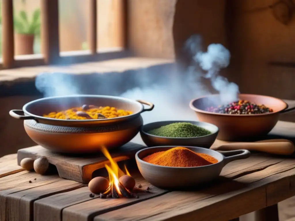 Una cocina saheliana tradicional en África Occidental, con ollas de barro, utensilios de madera y especias coloridas en una mesa de madera