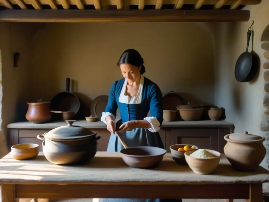 Una cocina del siglo XVIII muestra la preparación de alimentos antes de la revolución industrial, con una mujer cocinando y niños jugando