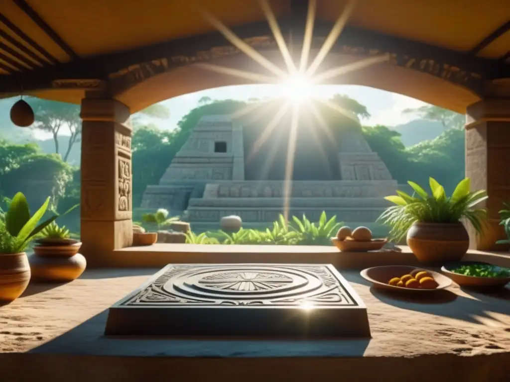 Cocina solar ancestral maya con detalles de deidad solar y naturaleza vibrante