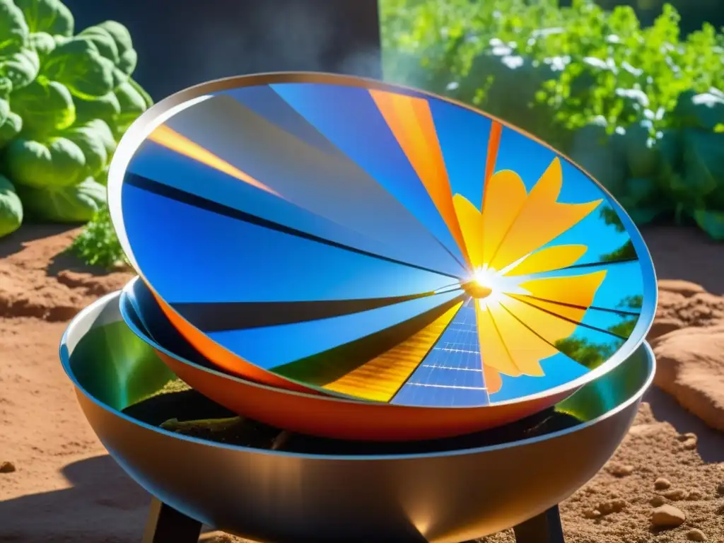 Una cocina solar tecnológica cocinando verduras vibrantes bajo el sol, fusionando antiguas técnicas con innovación moderna