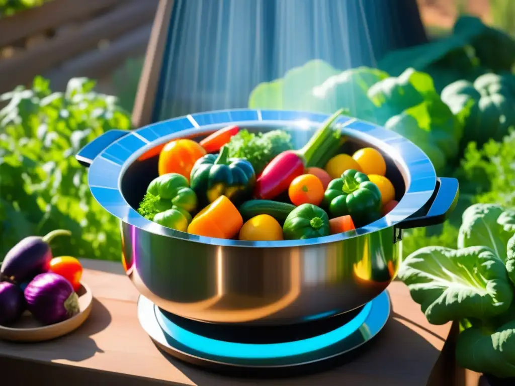 Una cocina solar tradicional concentra la luz sobre verduras coloridas en una olla, fusionando tecnologías antiguas y contemporáneas