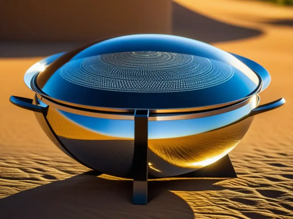 Una cocina solar tradicional con tecnologías antiguas, reflejando el arte y la luz del sol en detalles