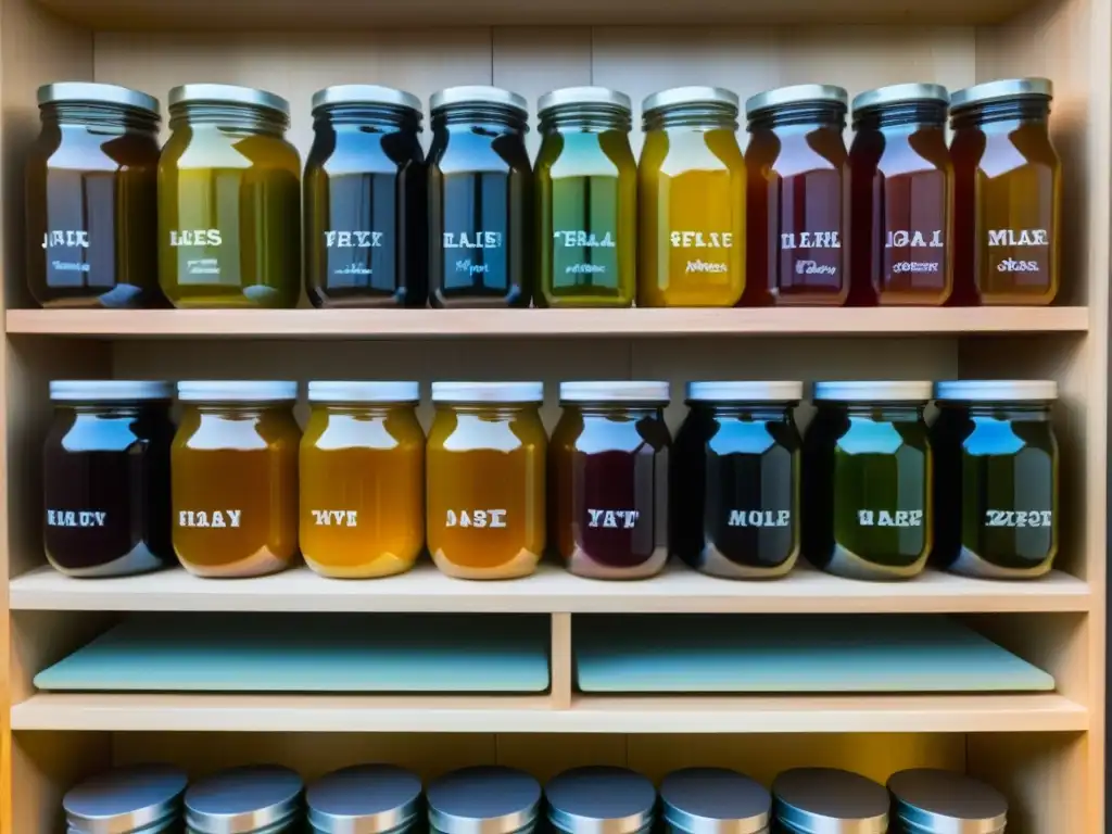 Alquimia fermentada: tarros coloridos en cocina sostenible Una cocina sostenible llena de tarros coloridos de fermentación, mostrando la transformación de alimentos con vibrantes colores y texturas