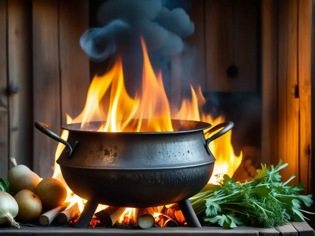 Cocina en tiempos de guerra: caldero medieval burbujeante con verduras y hierbas, en cocina europea medieval iluminada por fuego