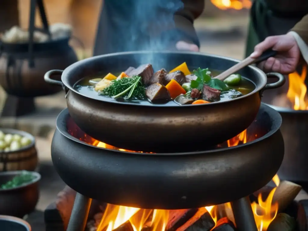 Una cocina en tiempos de guerra en Europa medieval: caldero burbujeante sobre fuego, ingredientes frescos y cocineros en acción