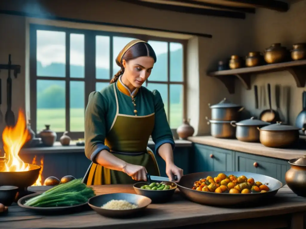 Cocina en tiempos de guerra en la Europa medieval: Cocineros preparando alimentos con técnicas culinarias adaptativas