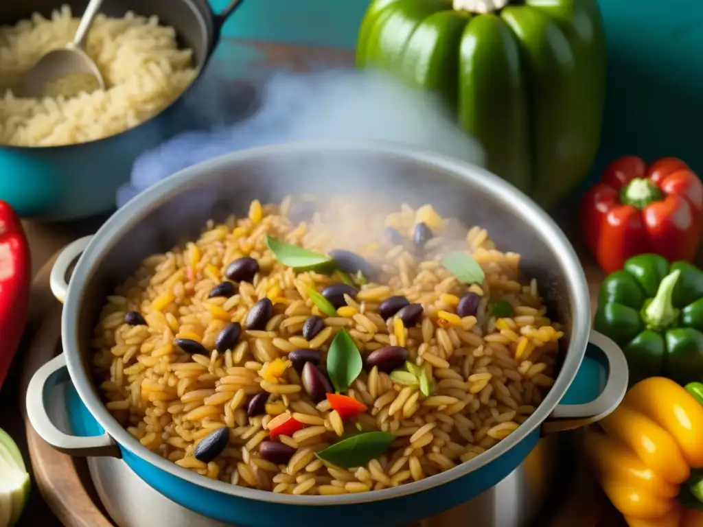 En la cocina tradicional cubana, se muestra un potente arroz Congrí cocinándose a fuego lento