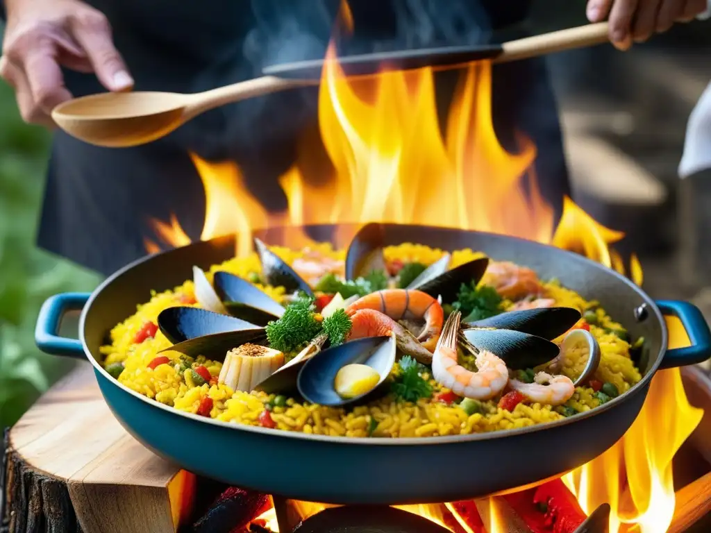 Cocina tradicional española: Paella en proceso sobre fuego, capturando la esencia de la gastronomía conquistadores imperio español