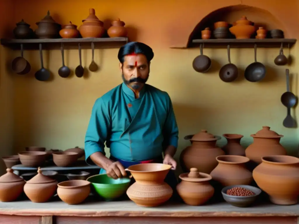 Cocina tradicional india durante invasiones mongolas con chef preparando plato típico