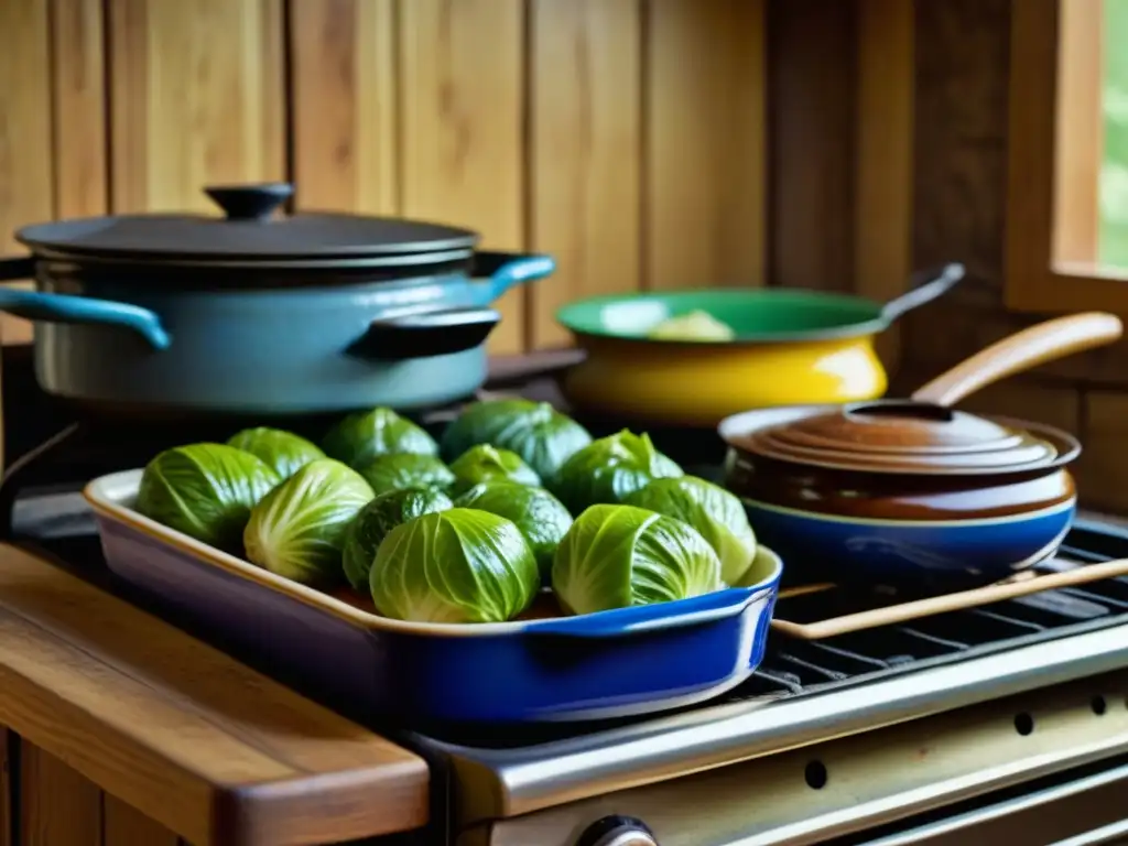 Una cocina moldava tradicional llena de coloridos platos de cerámica y utensilios de madera, con sarmale cocinándose en una estufa vintage